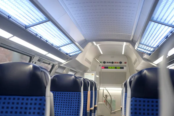 Comfortable Soft Blue Seats Headrests Half Empty Train Car Germany — Fotografia de Stock