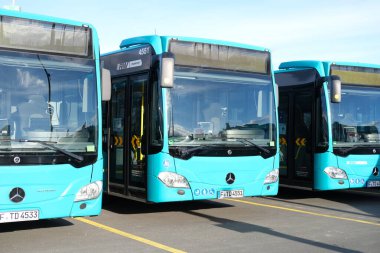 city shuttle buses rank at Frankfurt bus station in Germany, green vehicle public transport concept, transport companies strike, Frankfurt - July 2022