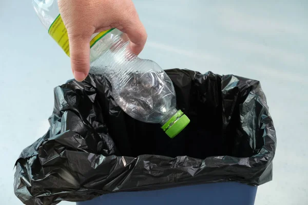 Woman Puts Empty Plastic Bottle Recycling Bin Close Hands Concept — Stockfoto