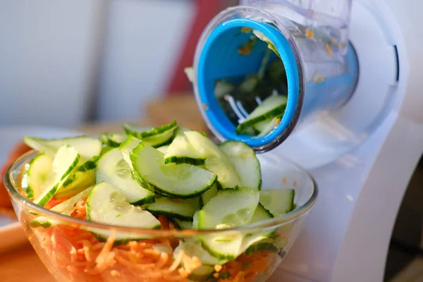 Sliced Carrots Cucumbers Glass Bowl Preparing Fresh Vegetable Salad Home — 图库照片