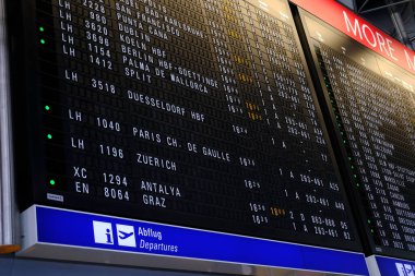 Flight Departures information board at Airport in Germany, Frankfurt destinations: Zurich, Paris, Antalya, Berlin, Dusseldorf, Cologne, Mallorca, Dublin, Split, concept delay, Frankfurt - August 2022