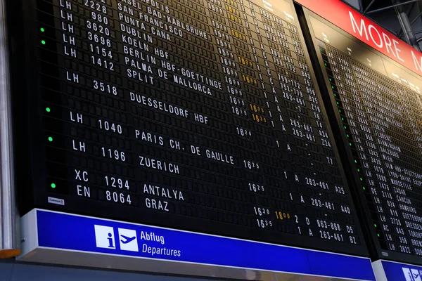 Flight Departures information board at Airport in Germany, Frankfurt destinations: Zurich, Paris, Antalya, Berlin, Dusseldorf, Cologne, Mallorca, Dublin, Split, concept delay, Frankfurt - August 2022