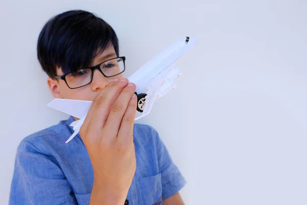 Child Boy Years Old Blue Shirt Holds Model Airplane Plastic — Foto Stock