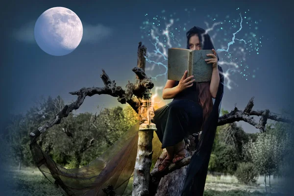 female witch with long red hair in black hoodie holds book of spells, sits on dry tree in evening and conjures, concept of Halloween party, esoteric practices, Walpurgis Night, full moon