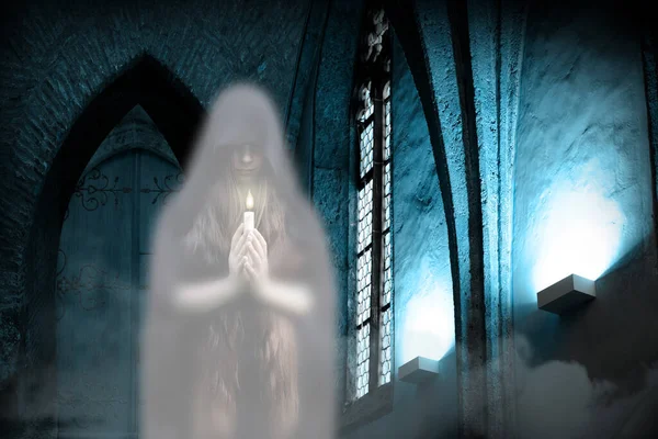 Disembodied Transparent Ghost Young Girl Long Hair Spirit Holds Candle — Stock Fotó