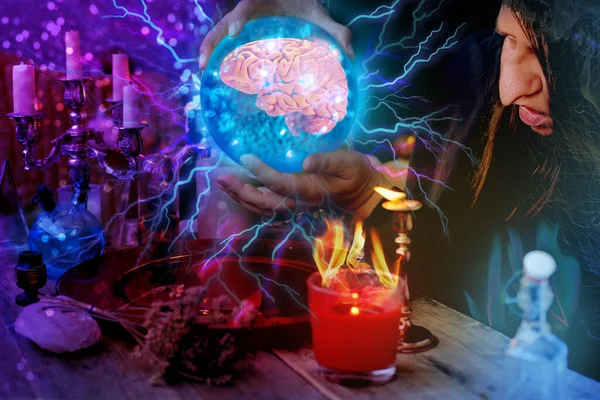 Magic Session Old Sorceress Guessing Magic Ball Fate Wishes Manipulates — Foto Stock