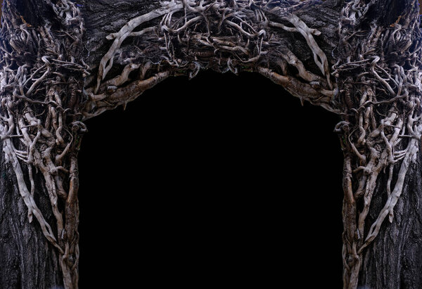 scary, surreal background with intricately intertwined branches of vines, halloween concept, time passed, end of life, Abstract concept symbolizes death, post-apocalyptic background for designer