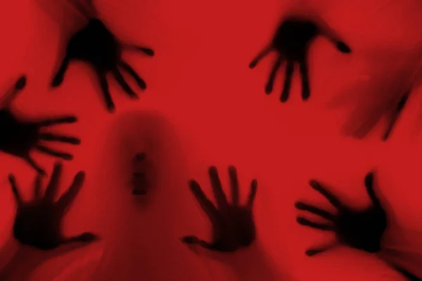 Eerie Blurry Hands People Have Been Trapped Glass Dense Fabric — Fotografia de Stock