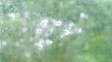 Pencerenin dışında yağmur, odak noktasındaki ağaçların yeşil yaprakları, su damlalı arkaplan deseni, metin için yer, bulanık bokeh ile yatay pankart, doğa koruması, Şiddetli Hava Durumu