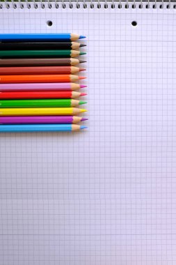 school background, colored pencils lie on a sheet of paper, an open notebook on a spiral, a college block in a cage, close-up, the concept of student writing supplies, back to school