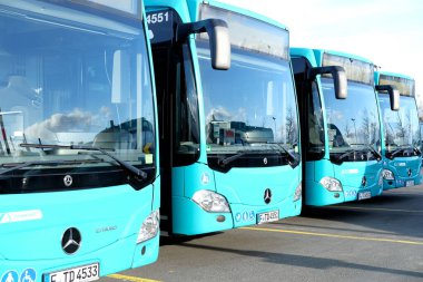 city shuttle buses rank at Frankfurt bus station in Germany, green vehicle public transport concept, transport companies strike, Frankfurt - July 2022
