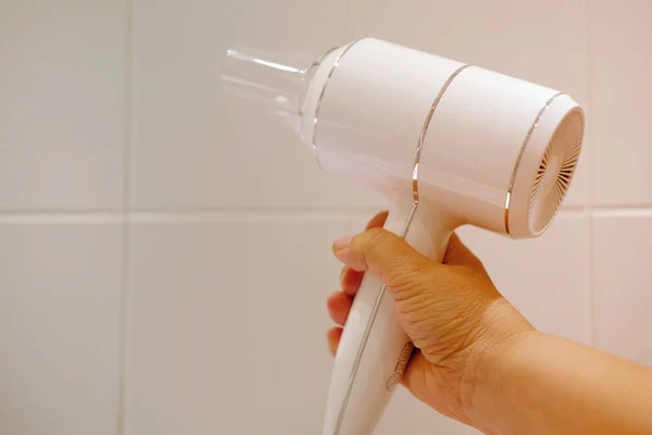 Modern White Hair Dryer Drying Styling Hair Female Hand Woman — Stok fotoğraf