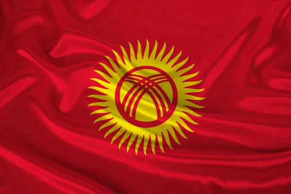 吉尔吉斯斯坦国旗在丝绸布 旅游概念 经济和政治 国际合作 独立日 复制空间 设计师模板上飘扬 — 图库照片
