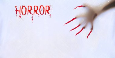 eerie blurry hands, monster bloody claws as if they have been trapped behind glass, dense fabric, wrap, ghost, spirit trying to reach out from afterlife, concept of nightmares, halloween horror