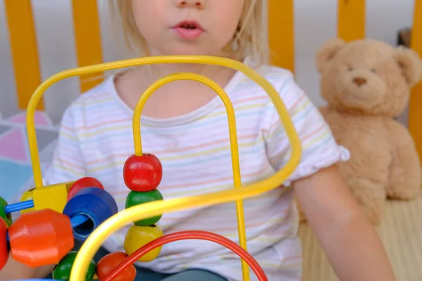 Girl Years Old Plays Colored Wooden Educational Labyrinth Kids Close — ストック写真