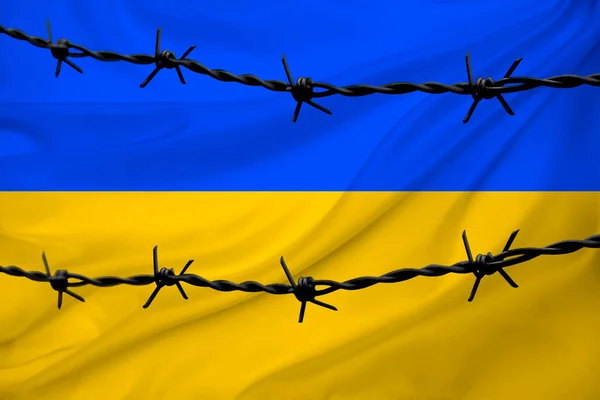 Kumaşlı Arka Planda Ukrayna Bayrağı Dikenli Teller Savaş Konsepti Devrim — Stok fotoğraf