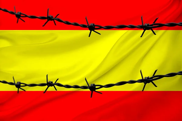 Nationalflagge Spaniens Auf Strukturiertem Hintergrund Reihen Von Stacheldraht Begriff Krieg — Stockfoto