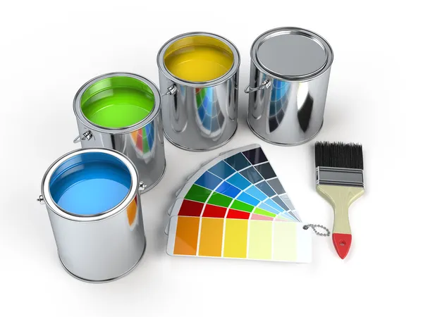 Paint cans with brush and Pantone — Stockfoto