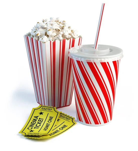 Popcorn, cola and cinema tickets — Stock Photo, Image