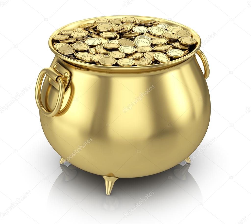 Pot of gold coins isolated on white