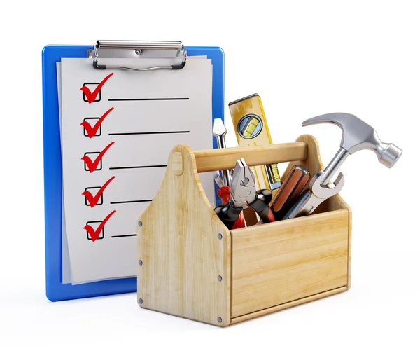 Clipboard and toolbox with tools — Stock Photo, Image