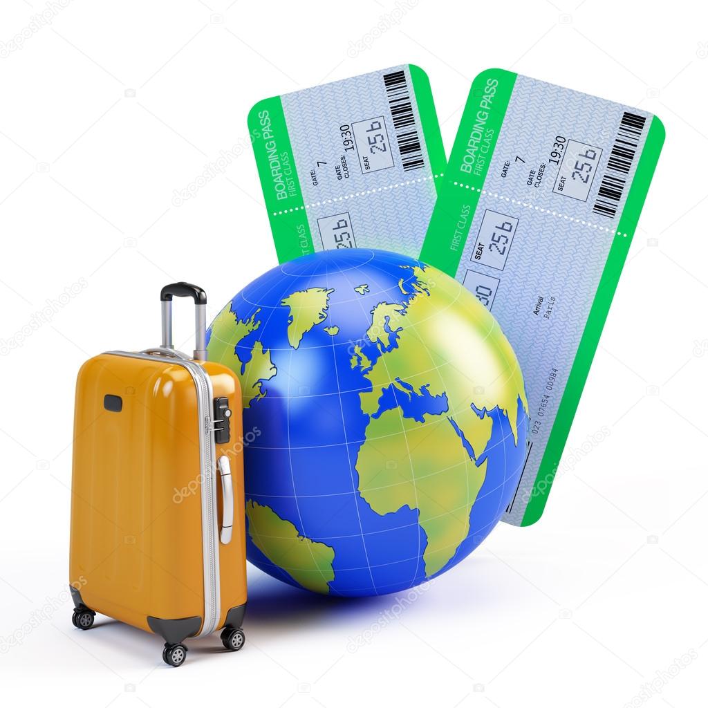 Globe, suitcase and airline tickets - travel icon