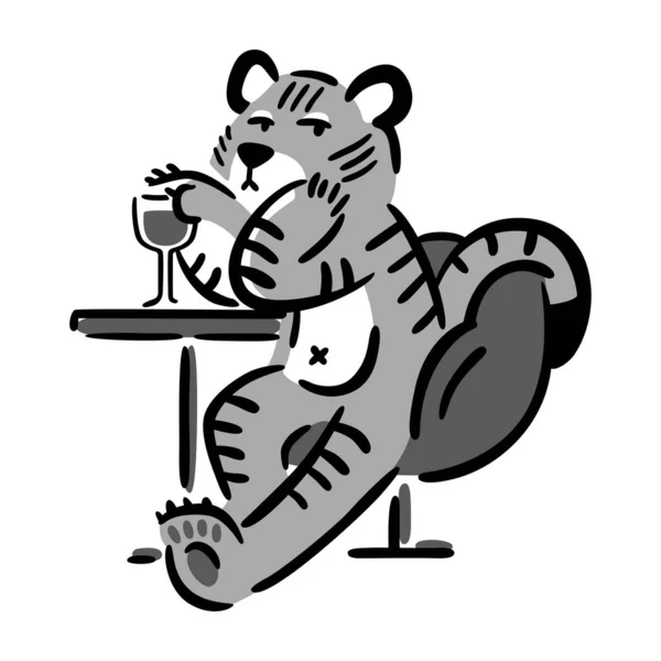 Tigre Assis Dans Une Chaise Avec Verre Vin Animal Zodiaque — Image vectorielle