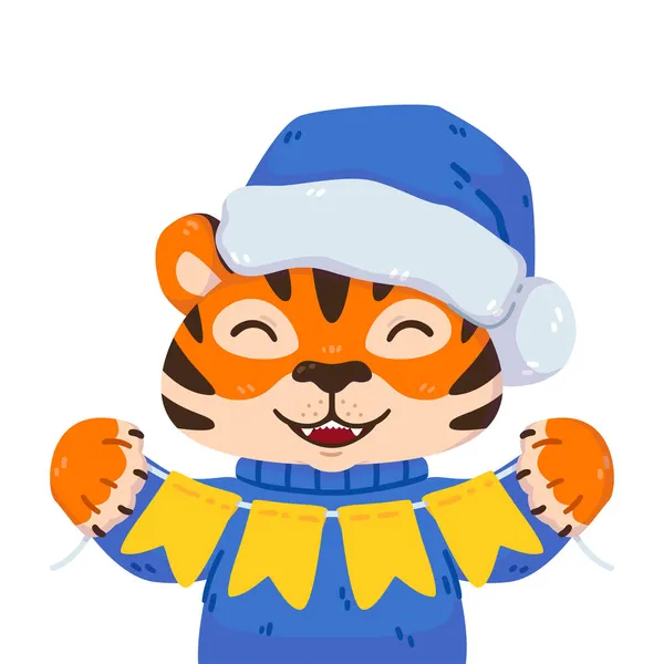 Uśmiechnięty Tygrys Kapeluszu Mikołaja Ciepły Sweter Świąteczne Flagi Girlandy Chińskie — Wektor stockowy