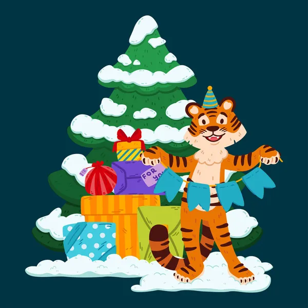 Uśmiechnięty Tygrys Kapeluszu Imprezowym Świąteczne Girlandy Prezenty Choinkę Chińskie Zodiakalne — Wektor stockowy