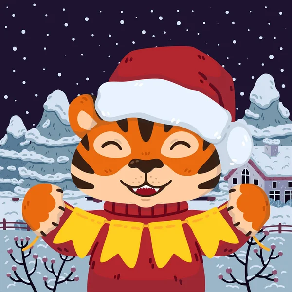 Uśmiechnięty Tygrys Kapeluszem Santa Świąteczne Flagi Girlandy Tle Zimowego Krajobrazu — Wektor stockowy