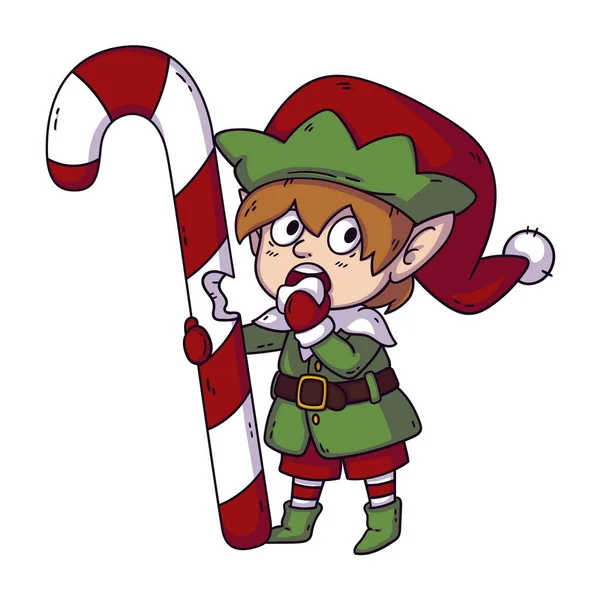 Santas Little Helper Elf Eats Christmas Candy Vector Cartoon Illustration — Wektor stockowy