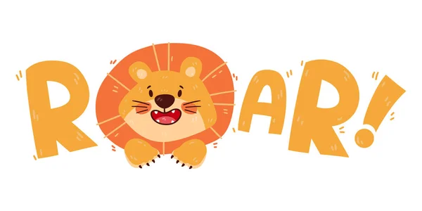 Design Print Cute Funny Lion Nursery Print Wild Cat Lettering — Stock Vector