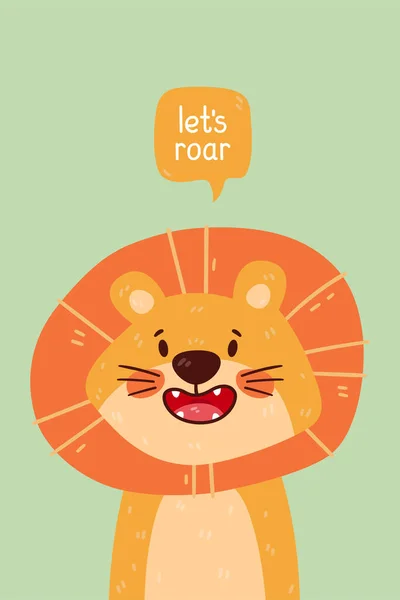 Cute Lion Portrait Lets Roar Quote Vector Illustration Simple Animal — Archivo Imágenes Vectoriales