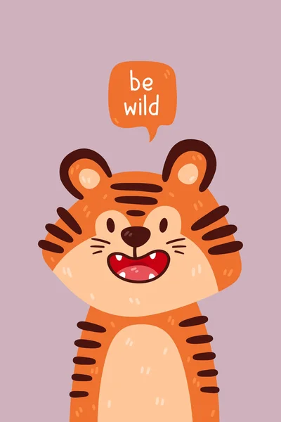 Cute Tiger Portrait Wild Quote Vector Illustration Simple Animal Character — 스톡 벡터