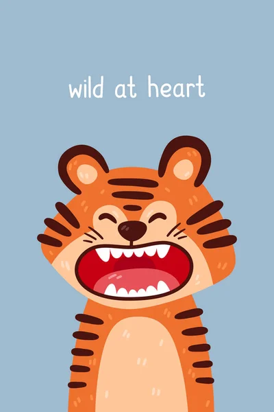 Cute Tiger Roaring Portrait Wild Heart Quote Vector Illustration Simple — 스톡 벡터