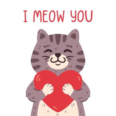 Kalbi tutan sevimli bir kedi. 14 Şubat 'taki Sevgililer Günü için sana miyavlıyorum. Aşık sevimli evcil hayvan. Beyaz arkaplanda vektör çizimi izole edildi. Poster, broşür, davetiye..