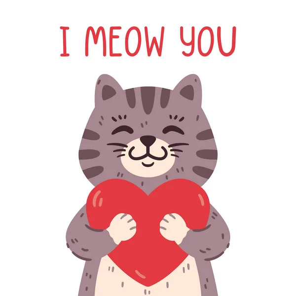 Roztomilá Kočka Držící Srdce Mňam Přáníčko Svatého Valentýna Února Milé — Stockový vektor
