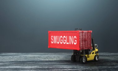 Forklift with smuggling of container. International trade smuggling. Illegal import of products, human trafficking, drug and weapon traffic. Transportation of prohibited goods. High corruption clipart