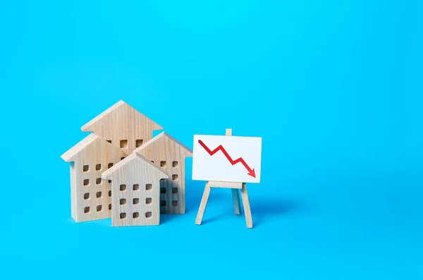 住宅建筑和画架上的向下箭头图 物有所值 物有所值 房地产市场下跌 降低抵押贷款利率 租金价格下跌 经济适用住房 — 图库照片