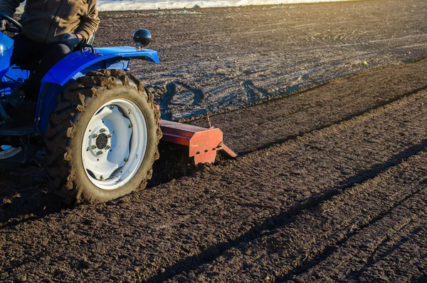 Agriculteur Sur Tracteur Cultive Champ Agricole Adoucir Sol Préparer Couper — Photo