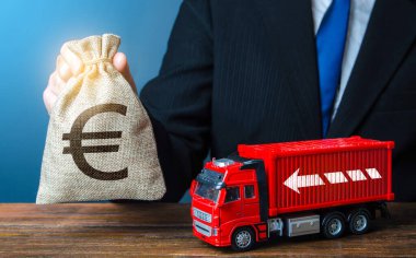 Businessman with Euro money bag and truck. High income of the transport business and the transport of goods. Rising prices, global containers shortage crisis. Logistics. Good salaries for drivers. clipart