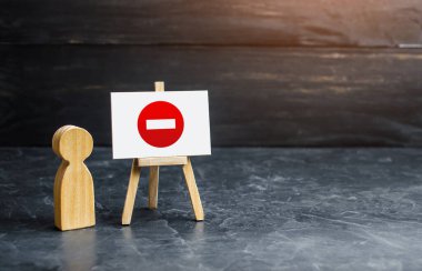 İnsan ve sehpanın üzerinde yasak işareti var. Haklara kısıtlamalar, kurallara kurallar. Giriş yok. Kısıtlı önlemler, karantina. İmkansız, reddedilmek. Kabullenme değil. İnkar et, dur ve bitir.