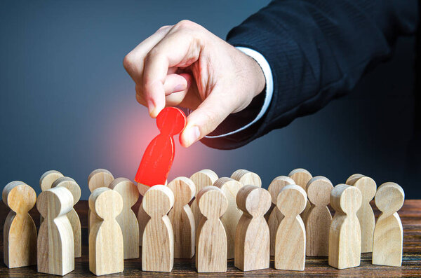 Hand pulls red man out of group. Dismissal, weak link. Identify the culprit among the suspects. Identify the infected person. Zero patient of new strain. Identifying intruder. Collective immunity.