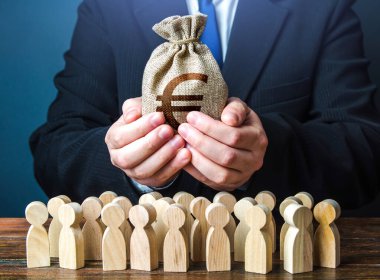 Businessman holds out a euro money bag to the crowd. Official. Staff maintenance. Financial support. Tax collection. Compensation payments. Share profit. Providing money, paying salaries and grants.