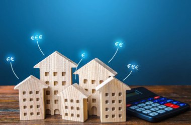 Residential buildings with euro price tags and calculator. Property valuation. Investment business plan. Market study. Calculating mortgage. Prices comparison for renting apartments. Housing value.