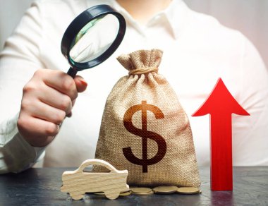 A woman inspects a dollar money bag and a car. ICE. Rise of fuel excise taxes. Growing sales. Electric vehicle support subsidies. Expensive car maintenance. High price of insurance. Increase in prices