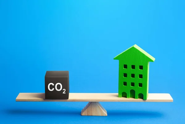 Residential building and CO2 emissions on scales. Greenhouse gas Emissions. Improving energy efficiency, lowering impact on environment. Decarbonization. Climate change. Annual pollution calculation