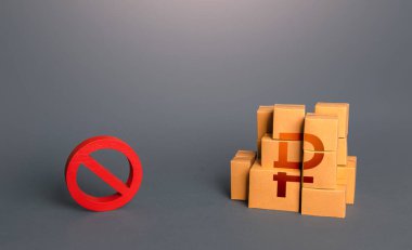 Rus ruble kutuları ve içki yasağı sembolü HAYIR. İthalat ürünlerine yasak. Ulaşım imkansızlığı, aşırı tedarik. Yaptırımlar ve ambargolar. Mal sıkıntısı. Kaçak mala el koyma. Ticaret savaşları.