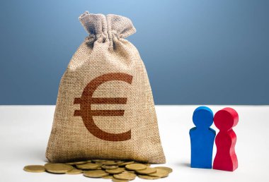 Couple figurines and euro money bag. Social policy to encourage family creation. Segmentation. Marketing and targeting. Demographic grant. Investments. Budget. Social research, consumer preferences. clipart