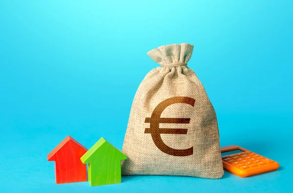 Euro money bag and small houses. Property appraisal, realtor services. Bank offer of mortgage loan. Investments in real estate. Buy. Rental business. Fair market price. Sale of housing.